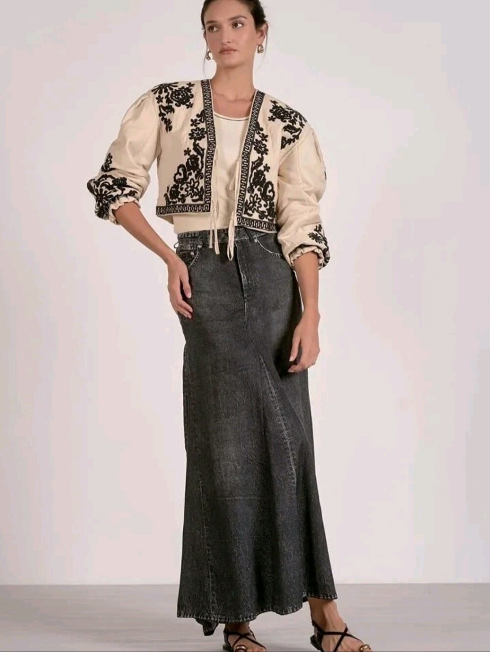 Black Washed Denim Maxi Skirt - Women
